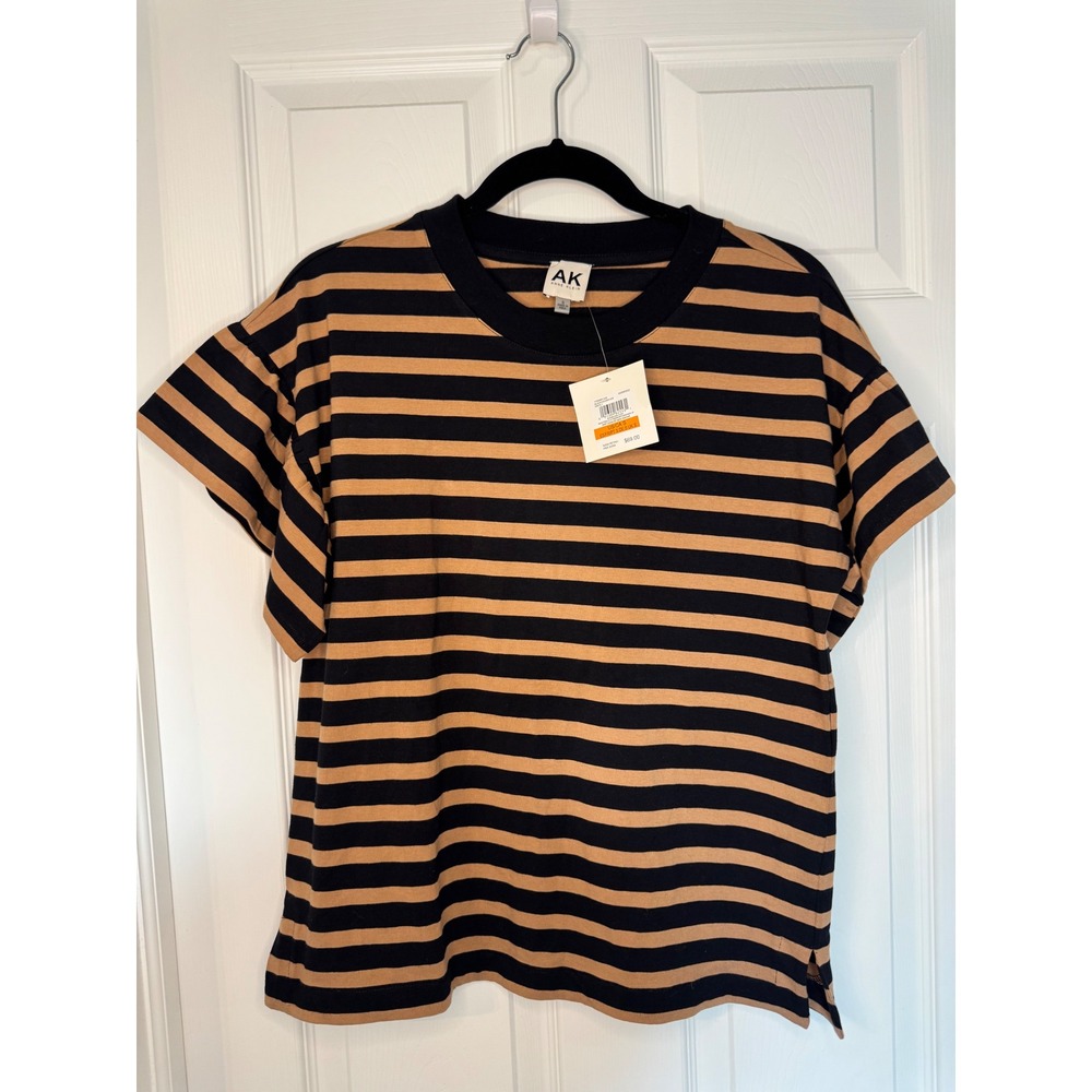 Anne Klein Striped Ruffle Sleeve T-Shirt Black Vicuna Brown Crew Neck NWT